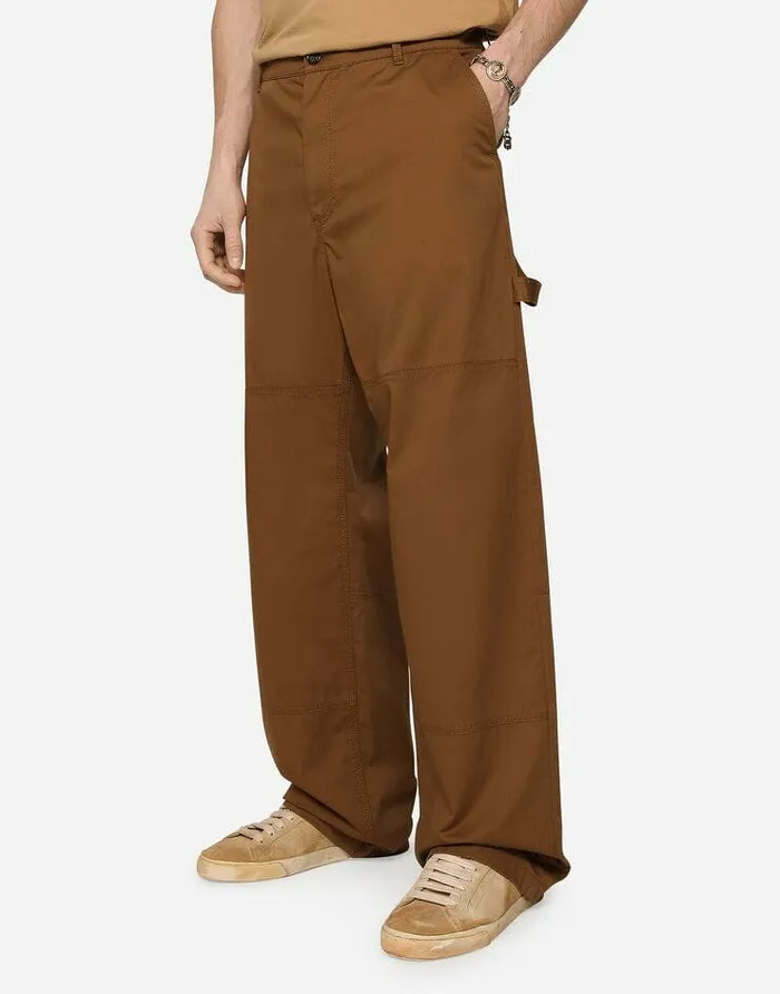 Dolce and Gabbana Trousers And Shorts Men Stretch Cotton Worker Pants With Brand Plate Brown Dolce and Gabbana Trousers And Shorts Men Stretch Cotton Worker Pants With Brand Plate Brown