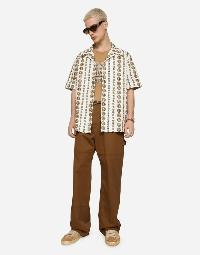 Dolce and Gabbana Trousers And Shorts Men Stretch Cotton Worker Pants With Brand Plate Brown Dolce and Gabbana Trousers And Shorts Men Stretch Cotton Worker Pants With Brand Plate Brown