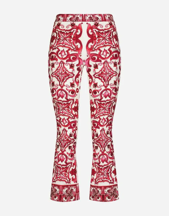 Dolce and Gabbana Trousers And Shorts Women Flared Trumpetleg Charmeuse Pants With Majolica Print Multicolor