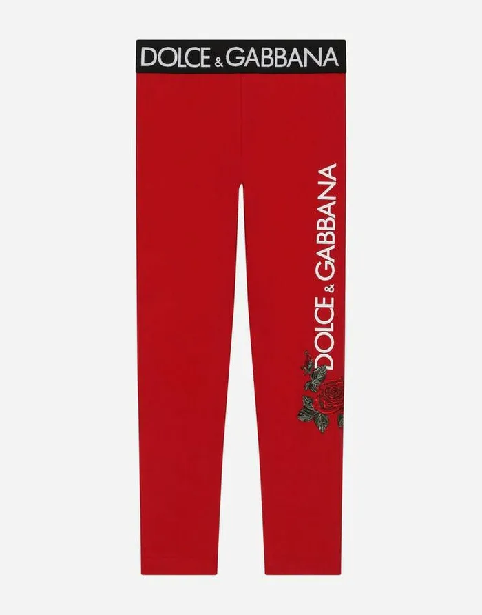 Dolce and Gabbana Trousers And Skirts Children Interlock Leggings With Logo And Rose Print Bordeaux