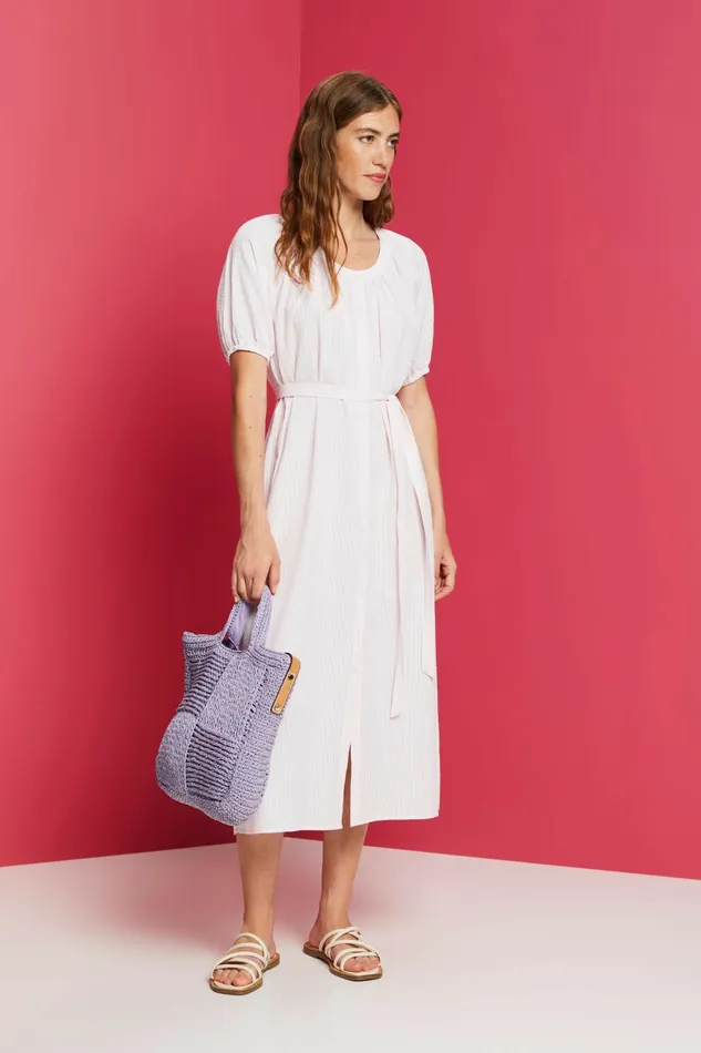 Dresses Jumpsuits Women Esprit Belted Striped CottonBlend Shirtdress Light Pink