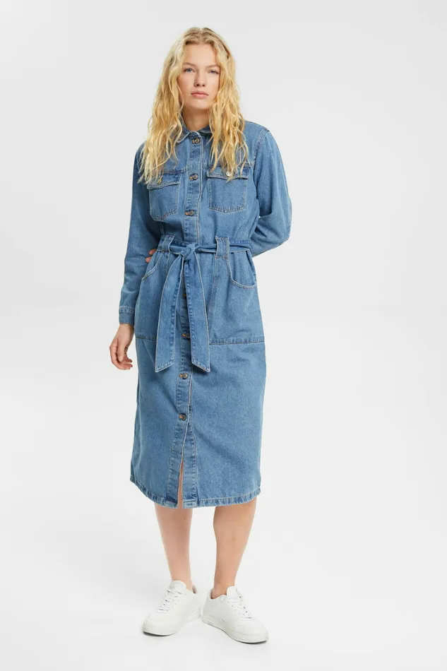 Dresses Jumpsuits Women Esprit Denim Dress With Tie Belt Blue Light Wash
