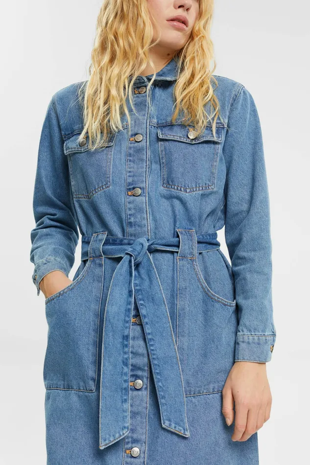 Dresses Jumpsuits Women Esprit Denim Dress With Tie Belt Blue Light Wash