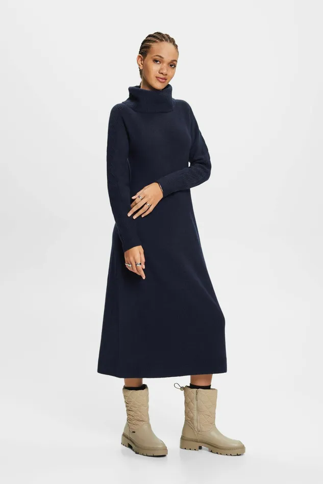 Dresses Jumpsuits Women Esprit Knit Cowl Neck Midi Dress Navy