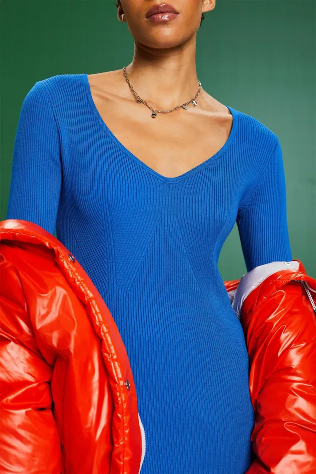 Dresses Jumpsuits Women Esprit Rib Knit VNeck Mini Dress Bright Blue