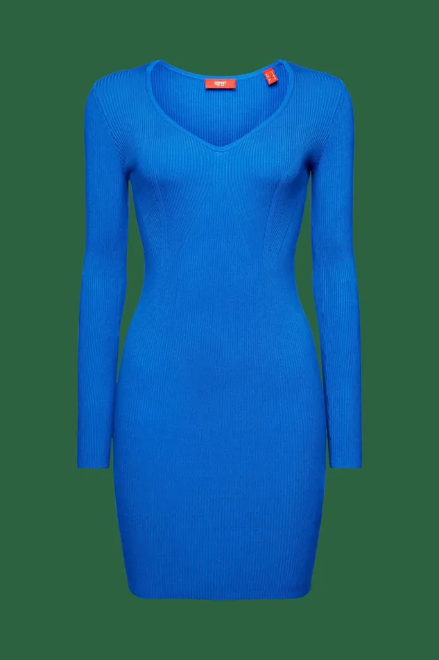 Dresses Jumpsuits Women Esprit Rib Knit VNeck Mini Dress Bright Blue