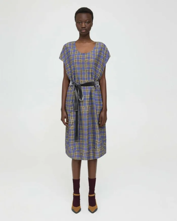 Dresses Jumpsuits Women Theory Belted Dress In SilkViscose Check Royal Multi