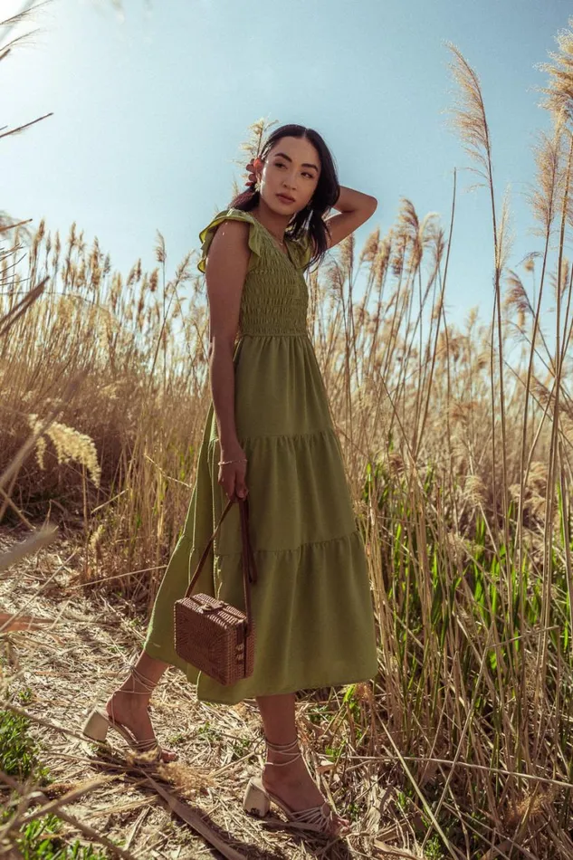 Dresses Women Bohme Rain Smocked Midi Dress In Green 8211 FINAL SALE Green
