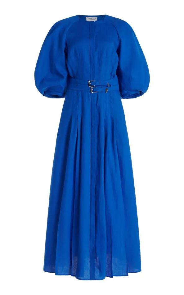 Dresses Women Gabriela Hearst Elea Pleated Maxi Dress In Sapphire Aloe Linen