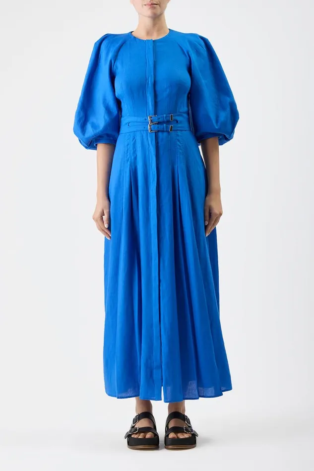 Dresses Women Gabriela Hearst Elea Pleated Maxi Dress In Sapphire Aloe Linen