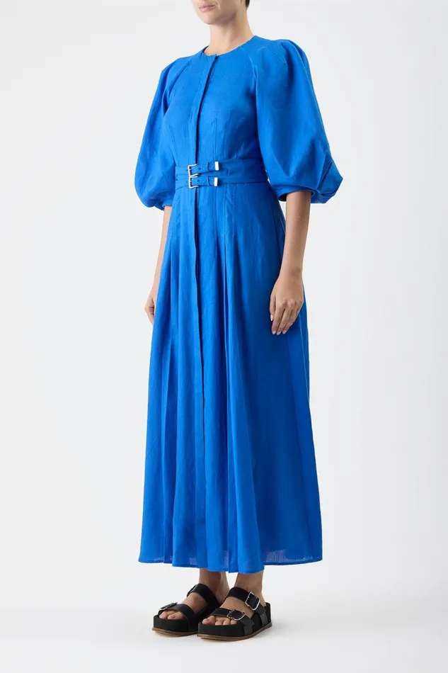 Dresses Women Gabriela Hearst Elea Pleated Maxi Dress In Sapphire Aloe Linen