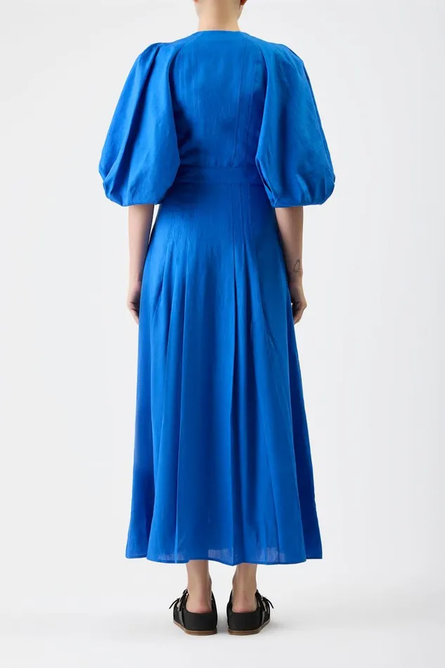 Dresses Women Gabriela Hearst Elea Pleated Maxi Dress In Sapphire Aloe Linen