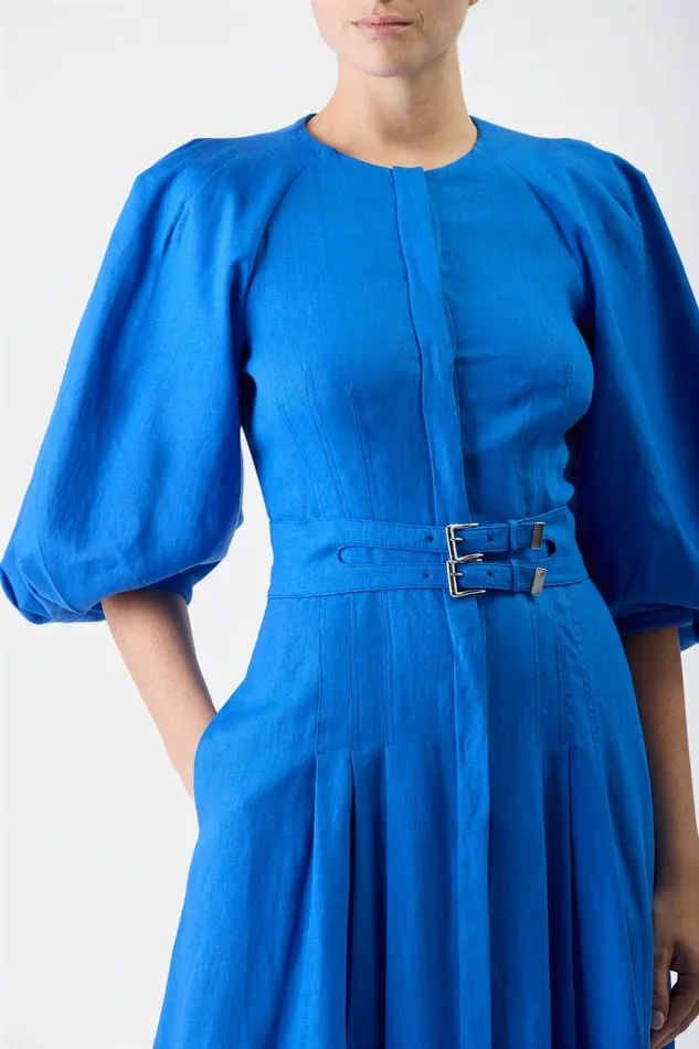 Dresses Women Gabriela Hearst Elea Pleated Maxi Dress In Sapphire Aloe Linen