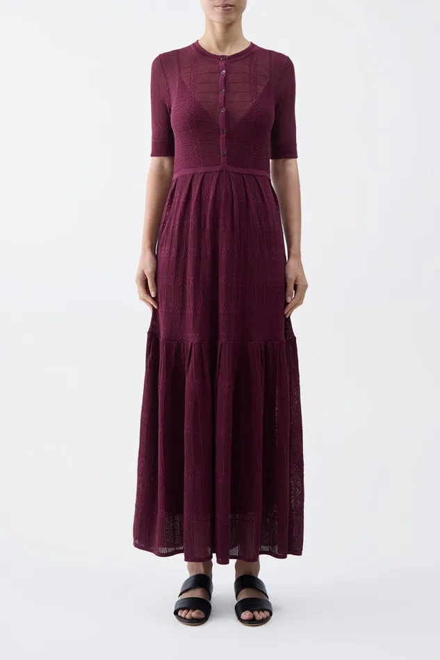 Dresses Women Gabriela Hearst Iris Pointelle Knit Pleated Maxi Dress With Slip In Bordeaux Cotton Silk
