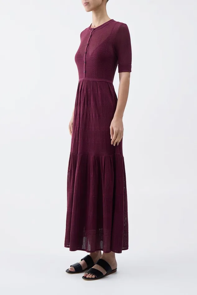 Dresses Women Gabriela Hearst Iris Pointelle Knit Pleated Maxi Dress With Slip In Bordeaux Cotton Silk