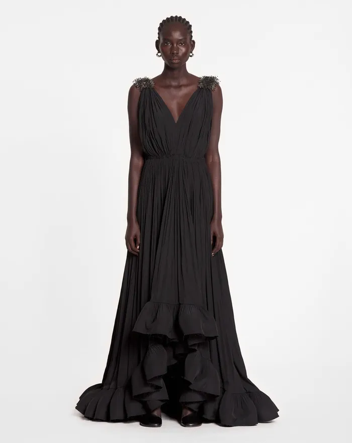 Dresses Women LANVIN Long Embroidered Charmeuse Evening Gown Black