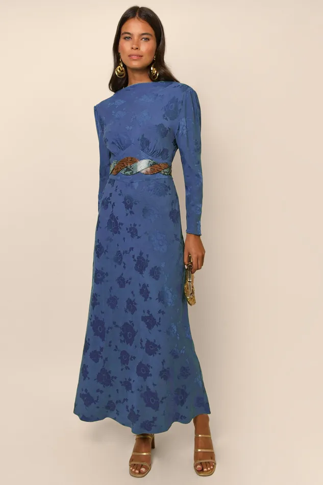 Dresses Women RIXO Ginger Steel Blue Poppy Jacquard