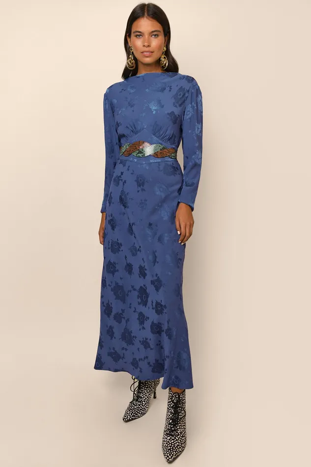 Dresses Women RIXO Ginger Steel Blue Poppy Jacquard Dresses Women RIXO Ginger Steel Blue Poppy Jacquard