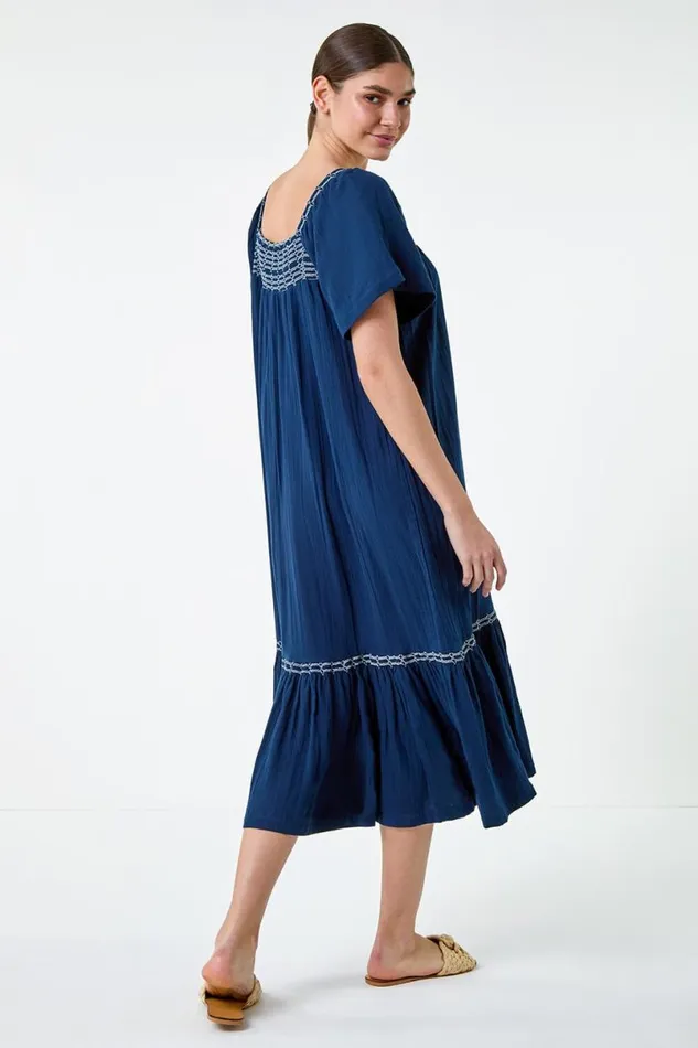 Embroidered Cotton Midi Smock Dress Women Roman Dresses