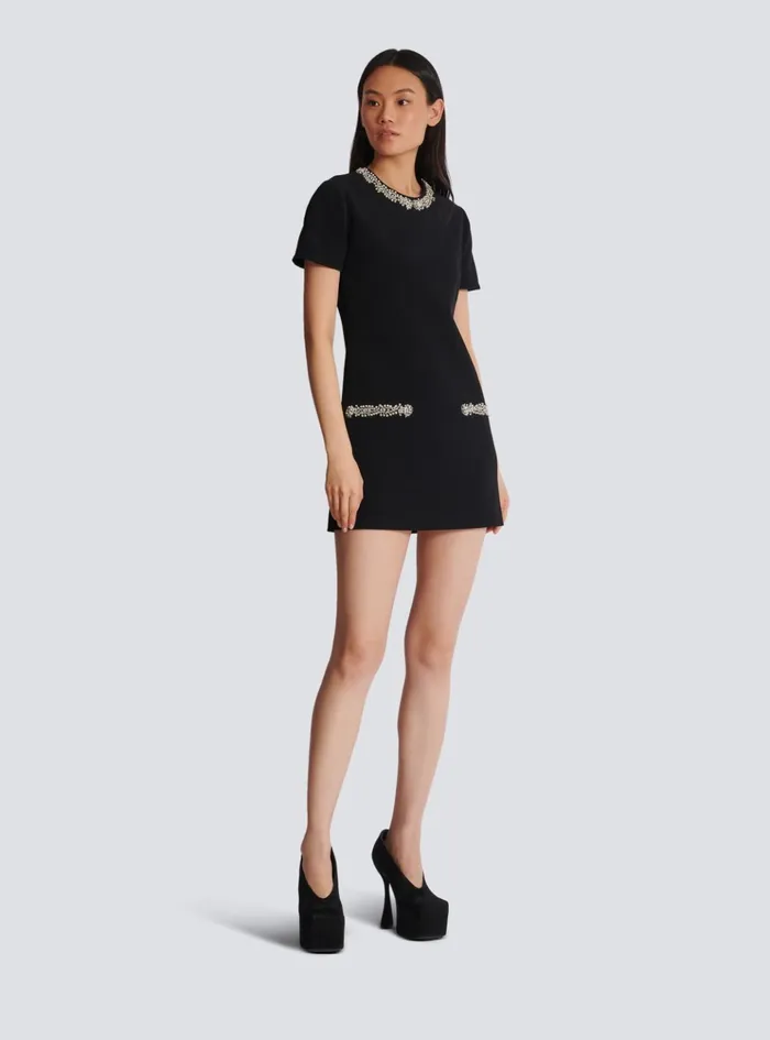 Embroidered Crepe Shift Dress Black Women Balmain Dresses