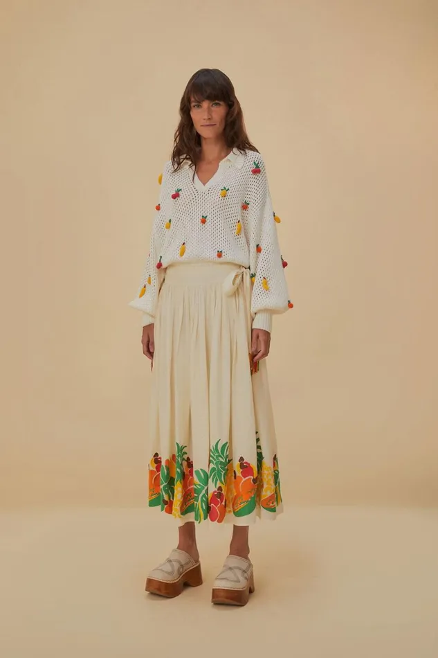 Embroidered Fruits Side Bow Midi Skirt Women FARM Rio Skirts