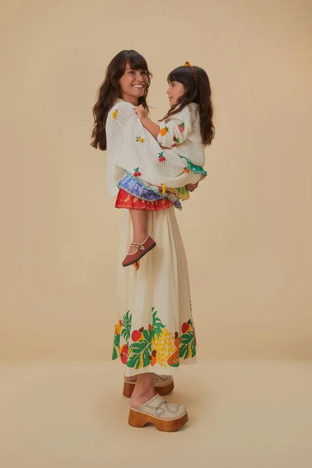 Embroidered Fruits Side Bow Midi Skirt Women FARM Rio Skirts