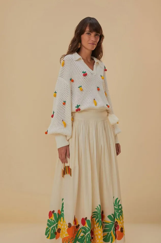 Embroidered Fruits Side Bow Midi Skirt Women FARM Rio Skirts