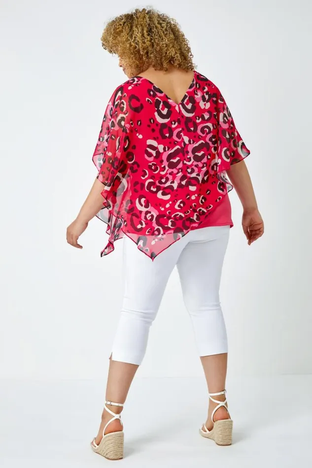Fuchsia Curve Animal Print Chiffon Overlay Top Women Roman Tops
