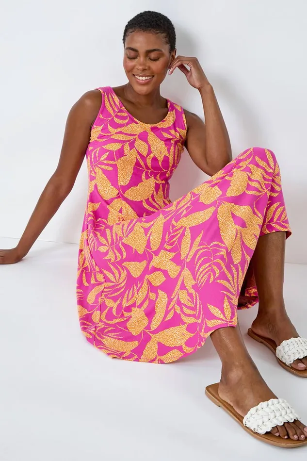 Fuchsia Tropical Print Pleated Maxi Stretch Dress Women Roman Dresses