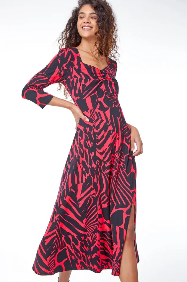 Fushcia Abstract Animal Print Ruched Midi Dress Women Roman Dresses