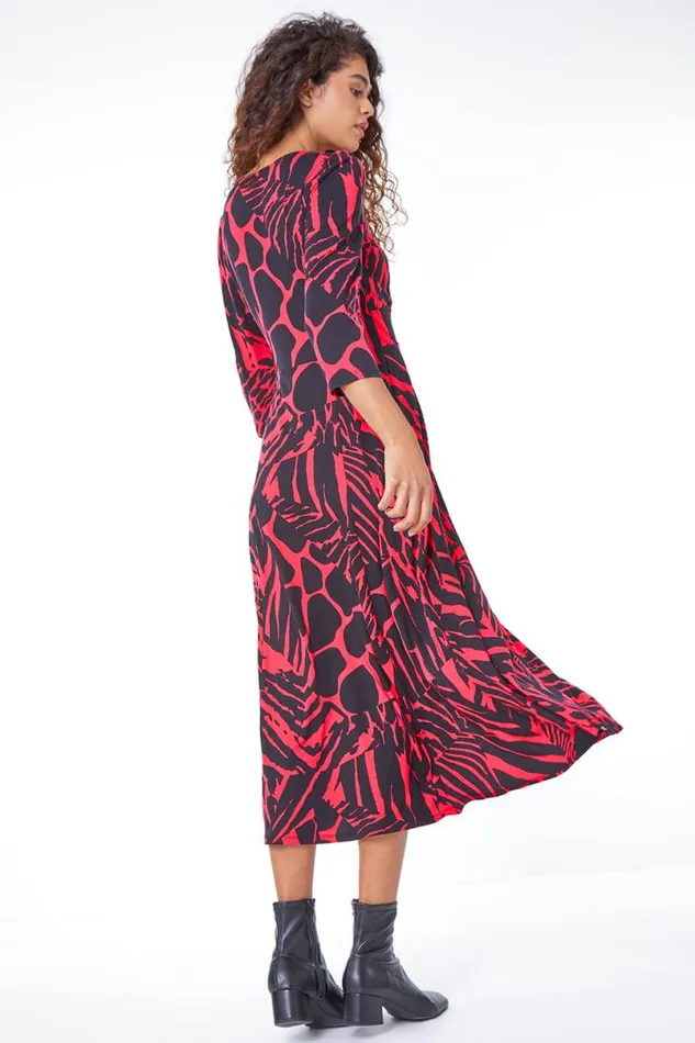 Fushcia Abstract Animal Print Ruched Midi Dress Women Roman Dresses