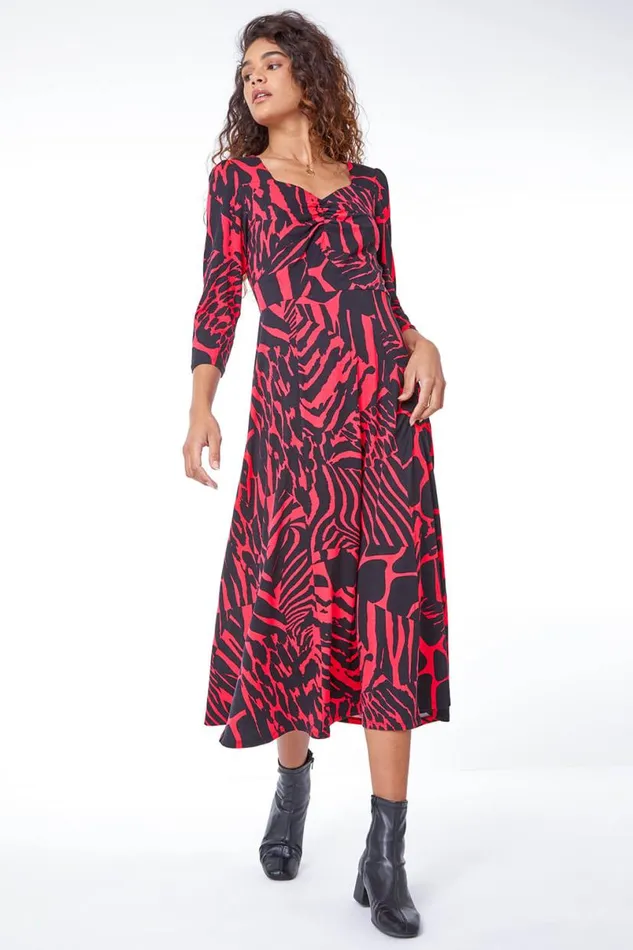 Fushcia Abstract Animal Print Ruched Midi Dress Women Roman Dresses