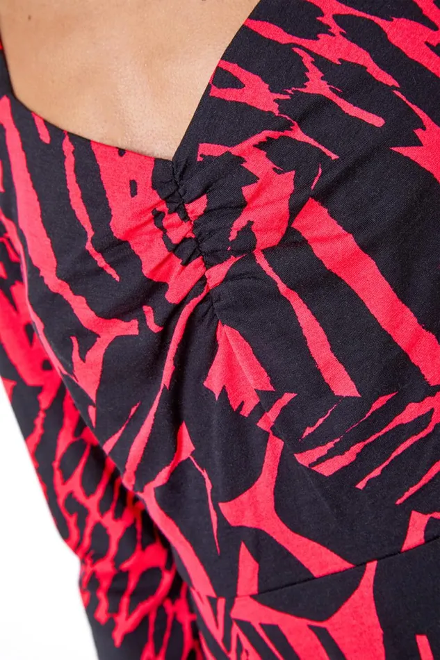 Fushcia Abstract Animal Print Ruched Midi Dress Women Roman Dresses