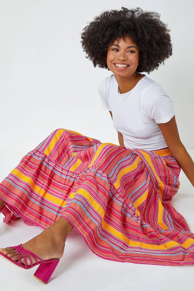 Fushcia Tiered Striped Elastic Waist Maxi Skirt Women Roman Skirts