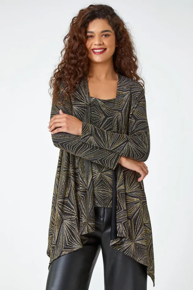 Gold Geometric Sparkle Embellished Kimono Women Roman Tops