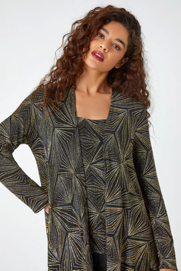Gold Geometric Sparkle Embellished Kimono Women Roman Tops