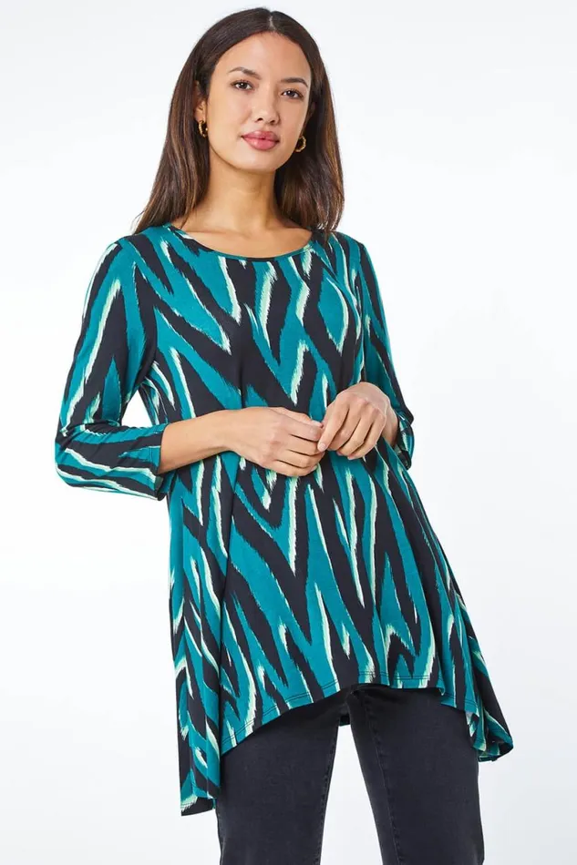 Green Animal Swing Stretch Tunic Top Women Roman Tops