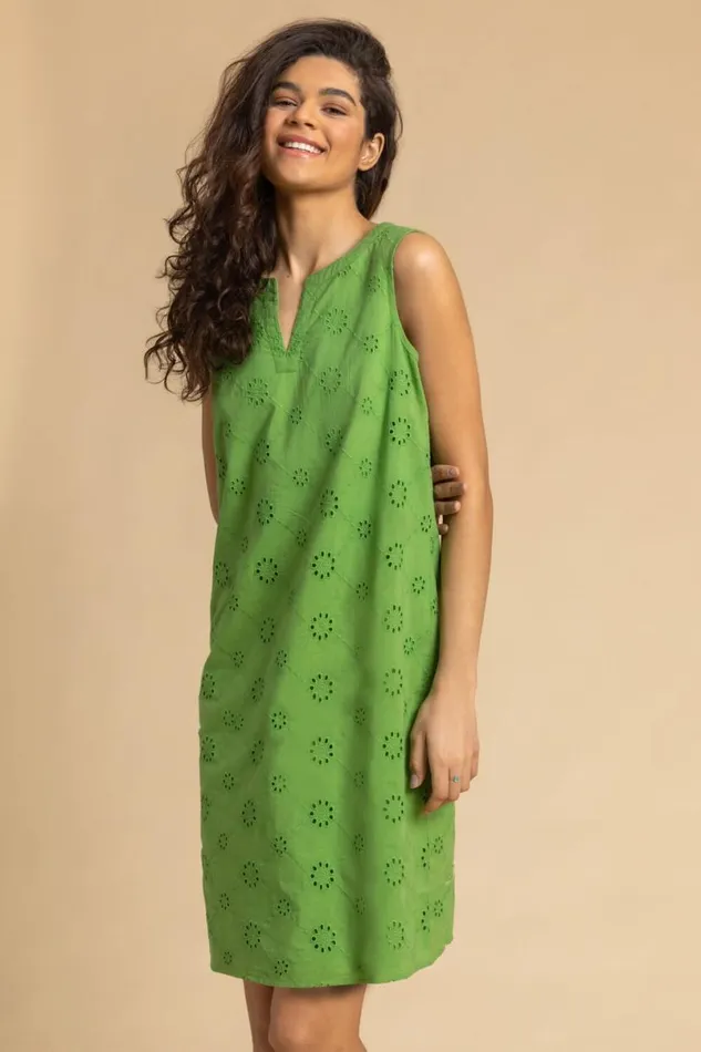 Green Broderie Detail Sleeveless Shift Dress Women Roman Dresses