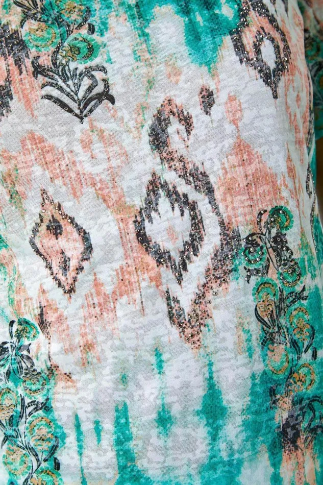 Green Burnout Aztec Print Diamante Top Women Roman Tops