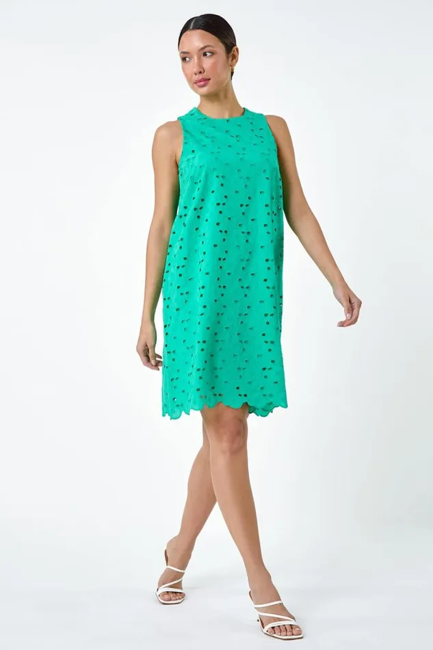 Green Cotton Embroidery Detail Shift Dress Women Roman Dresses