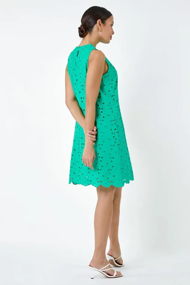Green Cotton Embroidery Detail Shift Dress Women Roman Dresses