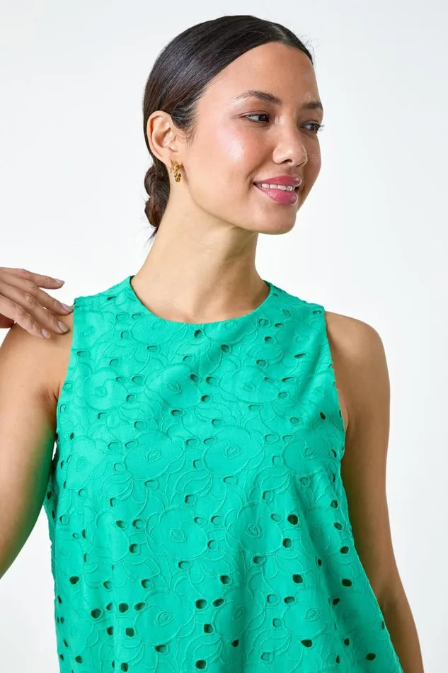 Green Cotton Embroidery Detail Shift Dress Women Roman Dresses