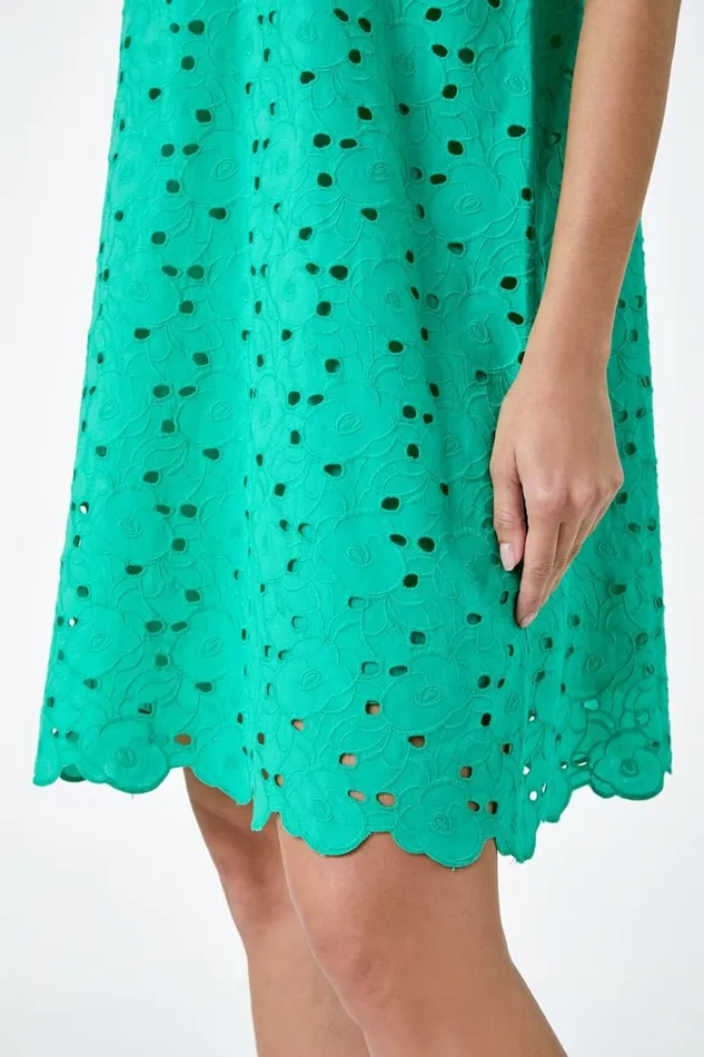 Green Cotton Embroidery Detail Shift Dress Women Roman Dresses