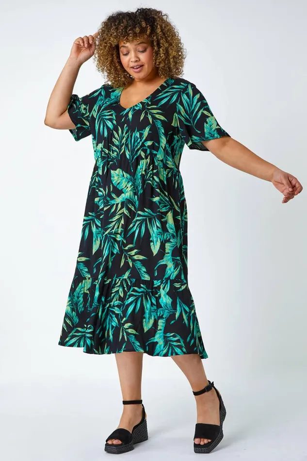 Green Curve Geometric Tiered Frill Midi Dress Women Roman Dresses