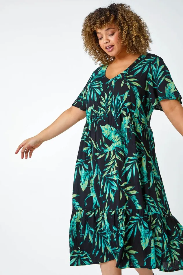 Green Curve Geometric Tiered Frill Midi Dress Women Roman Dresses