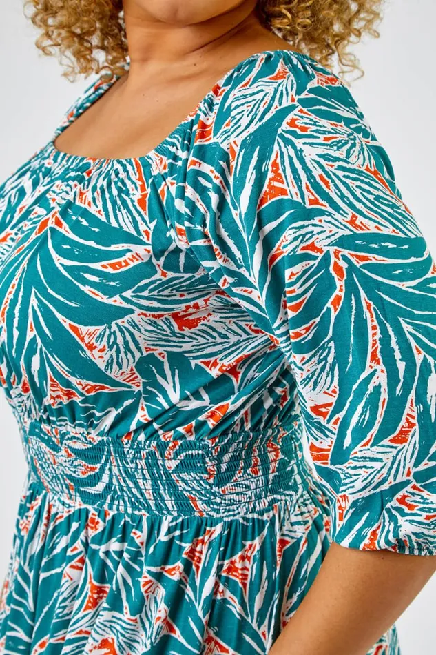 Green Curve Palm Leaf Print Shirred Midi Dress Women Roman Dresses