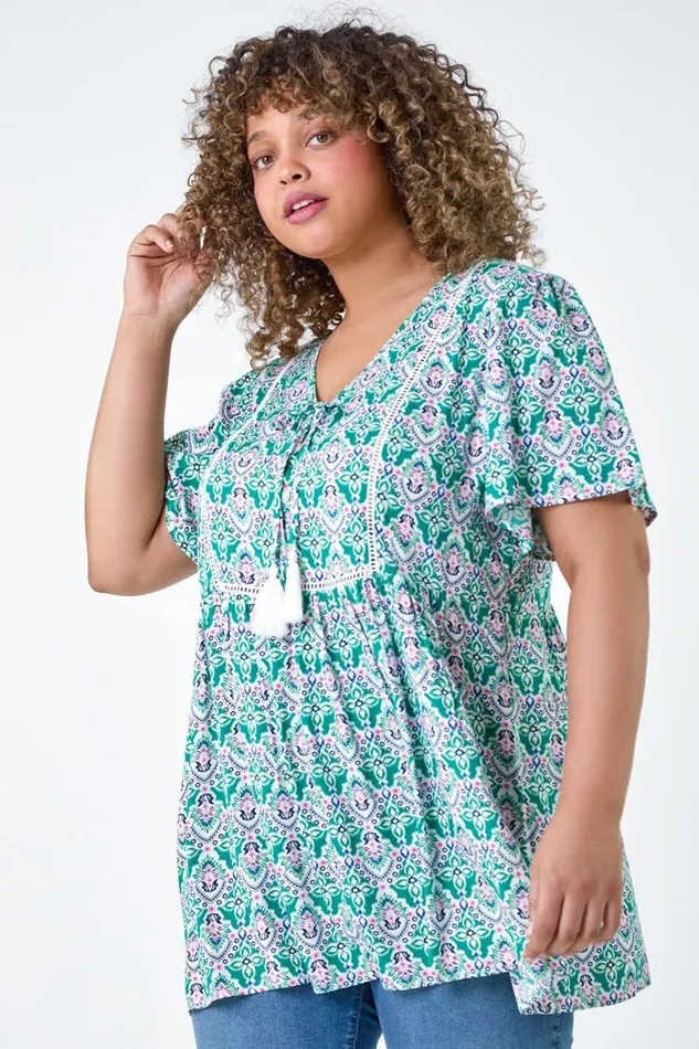 Green Curve Tie Front VNeck Boho Printed Top Women Roman Tops