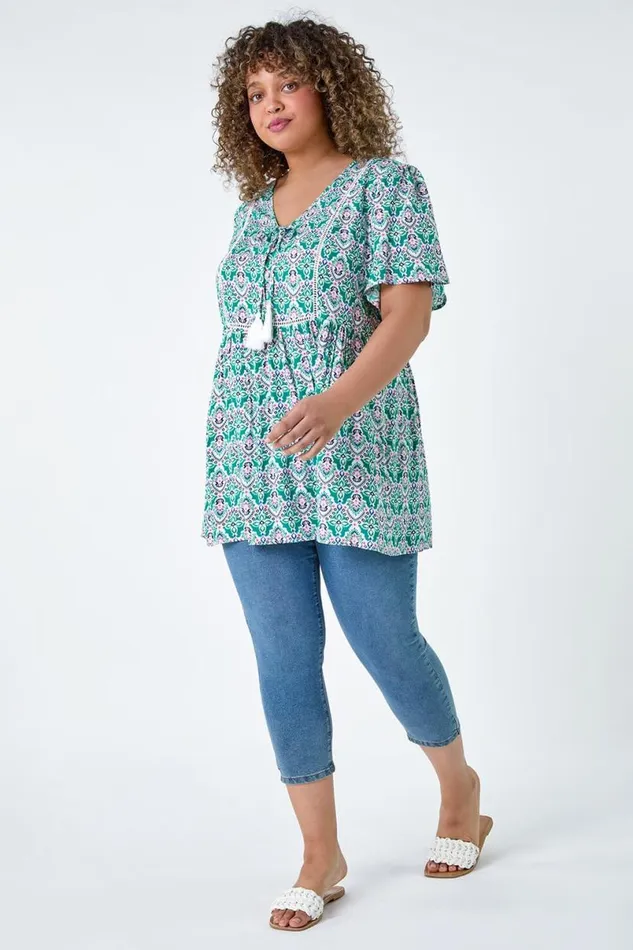 Green Curve Tie Front VNeck Boho Printed Top Women Roman Tops