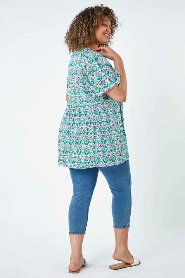 Green Curve Tie Front VNeck Boho Printed Top Women Roman Tops