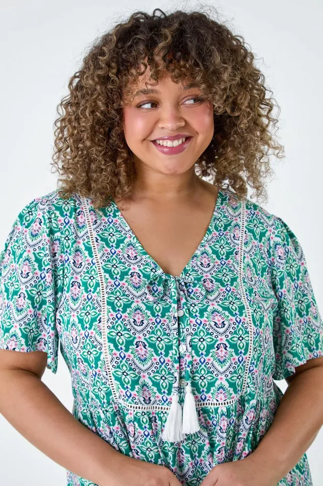 Green Curve Tie Front VNeck Boho Printed Top Women Roman Tops